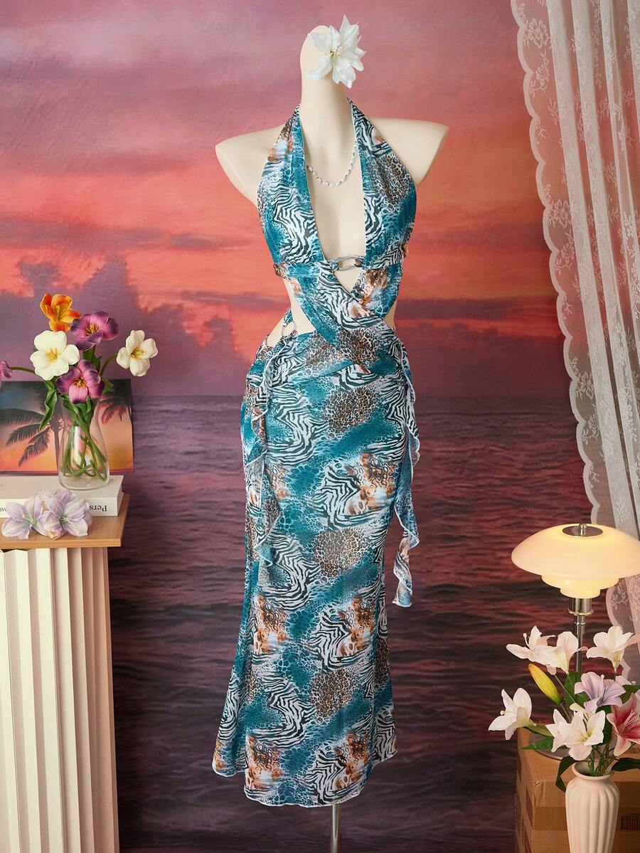 Bellisia 2026 New Summer Casual Elegant Printed Fish Tail Hem Animal Print Leopard Zebra Pattern Dress, Fashion Women Long Vacation Floral Print Dress - Multicolor - View 1
