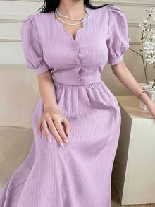 Feyla Gaun Lengan Pendek Kasual Minimalis Warna Polos untuk Wanita - Mauve Purple - View 6
