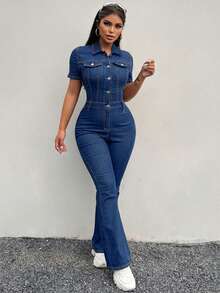 SHEIN SXY Bộ áo liền quần denim nữ, ống loe dài ôm sát, tay ngắn, màu đen co giãn gợi cảm. - Rửa tối - Xem 5