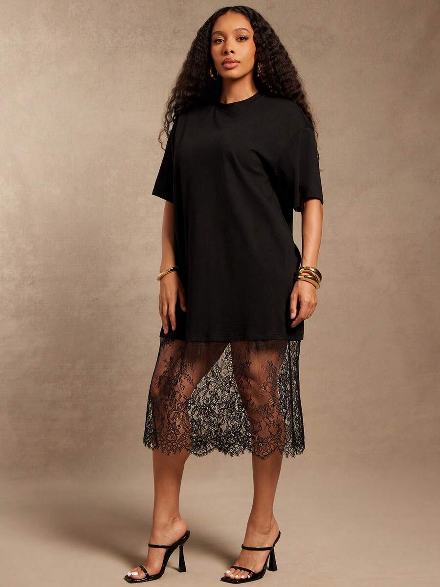 Vixey Lace Hem Drop Shoulder Round Neck Midi Shirt Dress - Black - View 1