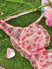 2 件套女士性感内衣：粉色牡丹印花网眼褶皱钢圈性感文胸搭配褶皱丁字裤性感内裤，可爱 - 粉色 - 查看 5