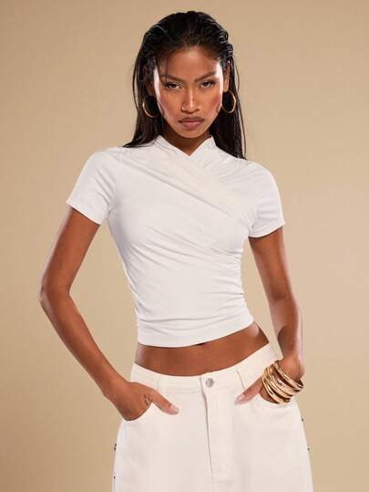 SHEIN BAE Cloud White Asymmetrical Neck Ruffle Short Sleeve T-Shirt, Casual Daily Wear Top, Summer Blouse, Basic Commuter Casual Cream Top,Vacation Tops, Casual Tops, Summer Tops, Holiday Tops, Lace Tops.Summer Outfit For Women. Going Out Tops For Women,Casual Top For Women,White Tops, Work Outfits For Women ,Work Tops For Women,Sexy Tops