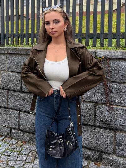 Jeta Ari 女士宽松休闲机车风PU皮夹克，长袖，秋季服装