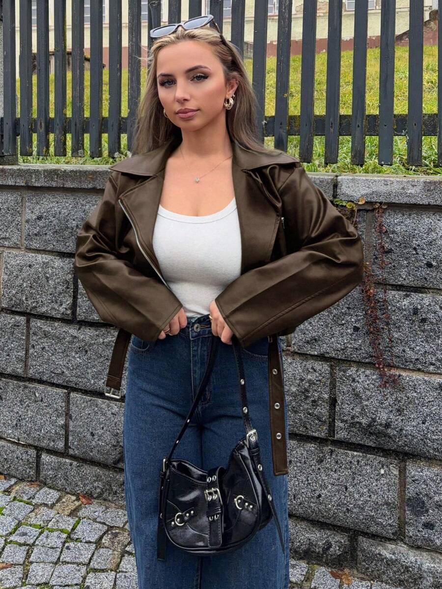 Jeta Ari 女士宽松休闲机车风PU皮夹克，长袖，秋季服装 - 棕色 - 查看 1