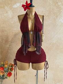 Soleia Set de 2 piezas de top ajustado con escote halter y espalda descubierta con lazo, y shorts con cintura baja y fruncido con cordón, adecuado para fiesta, cita, té de la tarde, carnaval, conjunto de playa sexy y de moda para el verano - Burdeos - Ver 6