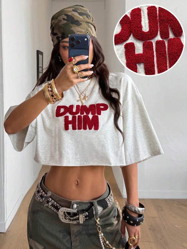 Coolane Camiseta suelta casual de mujer con estampado de letras y hombros caídos