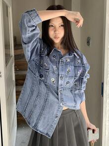 DAZY Áo sơ mi denim dài tay cổ bẻ thêu hoa dành cho nữ, kiểu dáng thường ngày. - Màu xanh lam - Xem 8