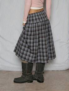 COUREZ Chân váy midi kẻ caro cạp thấp / Trang phục mùa xuân Y2K cho nữ, váy phong cách Cottagecore dễ thương, bộ 2 món, trang phục ngày Valentine, hẹn hò, đi chơi. - màu đen - Xem 2