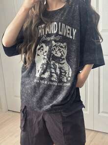 FRIFUL Áo thun nữ tay ngắn dáng rộng, màu trơn và in họa tiết, đa năng cho mùa xuân/hè. - Xám - Xem 6