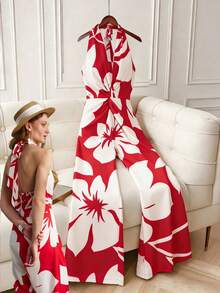 INAWLY Women's Casual Elegant Vacation Red Floral Print Twist Back Jumpsuit - Rose Red - View 3