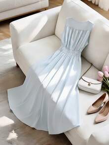 GlowEve French Style Blue Waist Designed Square Neck Spaghetti Strap A-Line Dress, Women Summer Vacation Flowing Dress - Blue - View 2