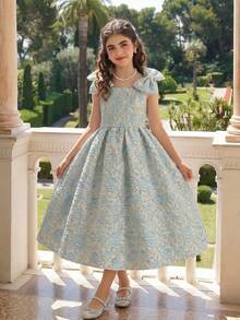 Girls' Woven Textured Jacquard Dress With Bow Waist Design, Elegant And Suitable For Various Occasions In Spring And Summer - Blue - View 1