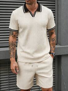 Manfinity CasualCool 男士纹理短袖上衣和短裤套装，INS 夏季畅销两件套，男士复古风，日常休闲，周末旅行，户外活动，探险旅行，轻松工作环境或半正式场合，男友/老公礼物，周年纪念/生日礼物，派对，夏季假期，婚礼，春夏，复活节，男士奶油色纹理 Polo 衫和短裤套装，休闲夏季服装，男士两件套休闲短裤套装，男士夏季运动服，奶油色男士套装，欧洲男士夏季套装，男士奶油色夏季套装 - 杏色 - 查看 3