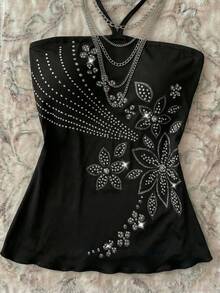 EgrlEra Women's Sexy Y2K Rhinestone Graphic Print Halter Neck Tie Camisole - Black - View 3