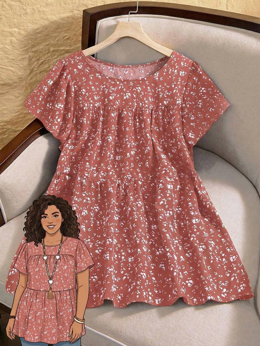 Rusticease Plus Size Floral Print Round Neck Casual Short Sleeve Shirt, Summer - Watermelon Pink - View 1