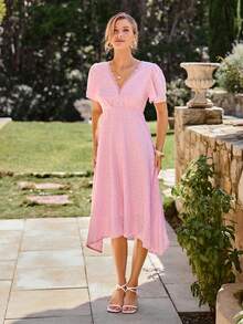 KARISMINA 女士纯色V领短袖中长针织连衣裙，春夏款 - 淺粉色 - 查看 3