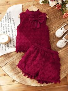 SHEIN Elladie kids 2026春夏新款时尚柔软舒适面料夏季度假旅行必备少女夏季套装，女童羽毛流苏蝴蝶结装饰背心+配套短裤两件套，优雅时尚 - 紅色 - 查看 5