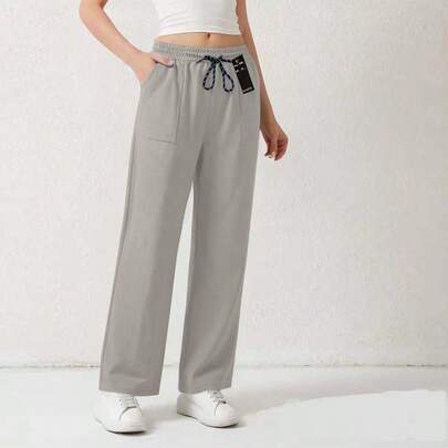 Pantalones casual estilo piercing recta para mujer y dama, estilo chándal, con cordón ajustable y bolsillos negro
