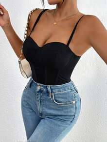 Zolique Women's Solid Color Casual Versatile Daily Wear Bodysuit Bodysuits For Women Basics Bustier Tops For Women - Black - View 4