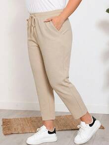 EMERY ROSE Plus Size Women Casual Solid Color Drawstring Pants - Apricot - View 5