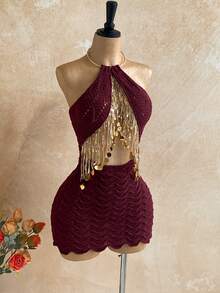 Soleia Vestido de punto sexy con escote halter, calado y con lentejuelas y flecos para mujer - Burdeos - Ver 6