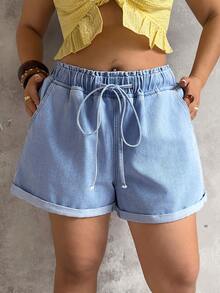 Sunnyshic High-Waisted Tie-Waist Denim Shorts - Blue - View 4