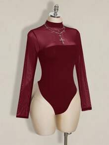 SHEIN ICON Mono de malla con parches sexy de talla grande Y2K - Burdeos - Ver 4