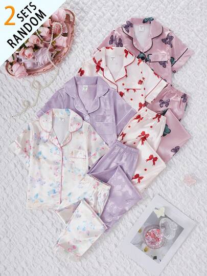 Young Girl' Pink Satin Fabric Cute Bow Unicorn & Butterfly Print Long Pants & Short Sleeve Casual Pajamas(Two Sets Will Be Shipped Randomly.)