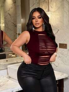 NU&NOW Plus Size Women Casual Hollow Out Ripped Design Sleeveless Top, Versatile For Everyday Wear - Burgundy - View 6