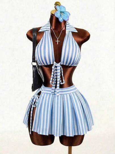 Mistrie YK2 "Hot Girl" Ladies' New Spring/Summer Style Sexy Sleeveless Collar-Necked V-Neck Blouse With Short Tied-Back Backless Design, Ladies' Striped Shirt, Suitable For Beach Vacations, Bikini Top