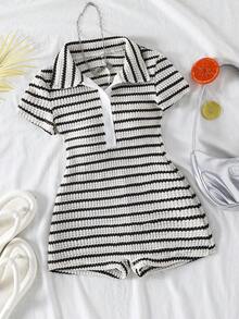 Tween Girl Striped Button Half-Placket Short Sleeve Casual Romper - Black and White - View 1