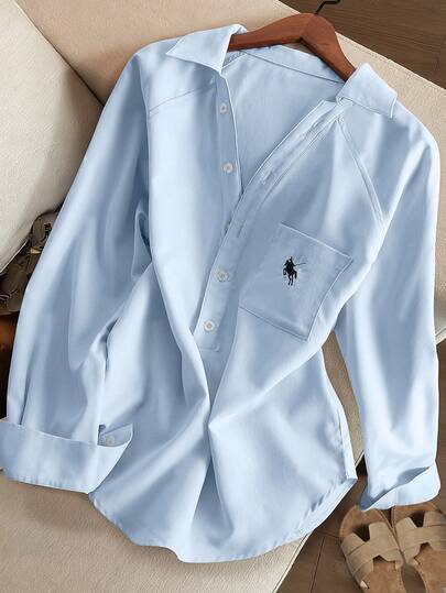 Resyla Camisa holgada de manga larga con cuello en V y bordado para mujer de talla grande de unicolor