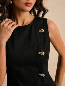 2026 Nuevo Vestido de mezclilla para mujer,cintura ajustada, vestido de mezclilla con botones delanteros, vestido corto casual, vestido de mezclilla para mujer, vestido de mezclilla azul - Negro 2 - Ver 5