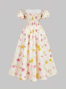 SHEIN MOD Plus Size Vintage Floral Print Off-Shoulder Puff Sleeve Long Dress,Multicolor Summer Curve Party Gown, Ruched A-Line Flowing Picnic Beachwear - Yellow - View 3