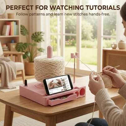 1个便携式多功能绕线器，带手机支架、多功能毛线碗和可拆卸线轴支架，钩针配件收纳盒，旅行手工毛线管理工具，塑料毛线分配器，防缠绕绕线器，手工毛线材料管理工具