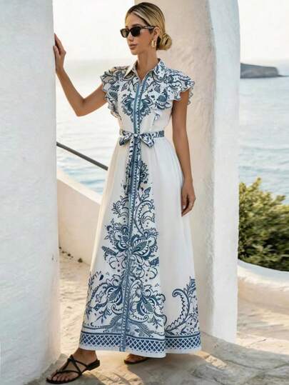 Elenzga This Spring/Summer Dress For Ladies Combines The Elegant Vacation Style With The Retro Courtier Vibe. It Is A Light Blue And White Color Dress With A Refreshing And Sophisticated Floral Print At The Neckline. It Features An Off-The-Shoulder Leaf Design. The Ruffle Collar, Leaf Edges, And Exquisite Print Carry The Retro Courtier Charm. It Also Has The Lines And Carvings Of European Architecture, A Fitted Waist Design, And A Long Silhouette, Which Is Both Dignified And Gentle, Not Too Exaggerated,