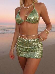 Sundraya 女士吊带露背亮片装饰两件套 - 綠色 - 查看 4