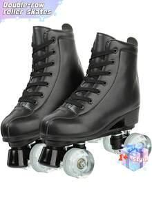Patines en línea de doble hilera para niños y niñas, patines en línea de cuatro ruedas con cordones y caña alta, adecuados para principiantes. - Negro - Ver 4