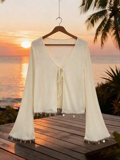 INAWLY 女士夏季休闲度假轻薄针织长袖开衫，前系带设计，袖口和下摆饰有贝壳图案。适合派对、约会、邮轮、度假、海滩、音乐节等场合，尽显波西米亚风情。