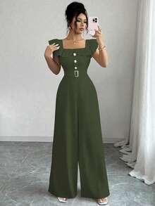 Elenzga 全新女式方领荷叶边假门襟腰带装饰纽扣连体裤，优雅日常通勤修身高腰连体裤 - 綠色 - 查看 7