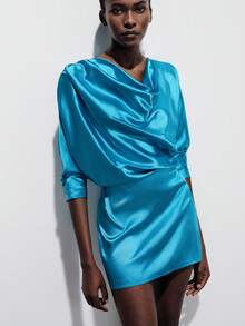 Aveloria Modichic Vestido mini ajustado de manga larga con cuello de satén y cintura ceñida, diseño de lujo elegante y urbano para ir al trabajo y salir de noche - Azul - Ver 6