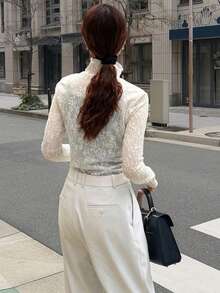 FRIFUL Women's Casual Stand Collar Long Sleeve Mesh Fitted Top - Apricot - View 2