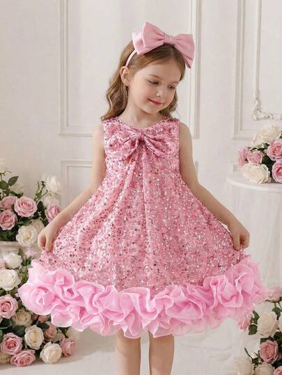 Toddler Girls' Sequin Dress, Pink Shiny Sequin Ruffle Hem Party Dress, Beautiful Kids Clothing For Birthday Party