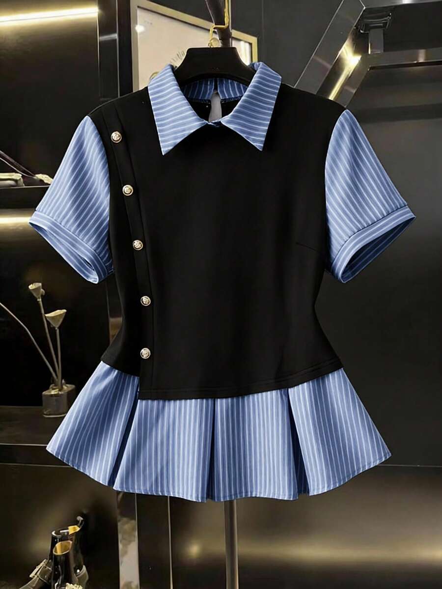 GlowEve CURVE Plus Size Women 2 In 1 Shirt Collar Short Sleeve Top, Casual Outgoing Wear, College Style Top - Multicolor - View 1