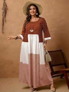 EMERY ROSE Plus Size Women's Casual Vacation Round Neck 3/4 Sleeve Polka Dot, Plaid & Striped Patchwork Long Dress, ,Summer/Vacation,Summer Holiday,Spring Break Outfits ,Vacation Outfits Women ,Holiday Outfits For Women,Going Out Outfits,2026 New Clothes,Simple And Fashionable For Everyday Wear,Suitable For Summer, Vacation, Daily Wear,Suitable For Summer, Vacation, Daily Wear,Dresses For Women,Flowy Dress ,Beach Outfits For Women,Casual Vacation Boho Dress,Summer Dresses, Country Women's Summer Dresses,Casual Dresses For Women,Country Concert Outfit,Brown Dress,Flowy Dress ,Beach Outfits For Women,Casual Vacation Boho Dress - Coral Orange - View 5