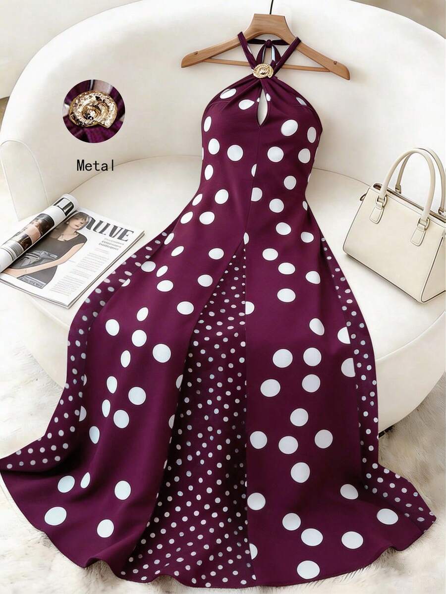 Franclia 女士宽松A字连衣裙，饰有大小不一的波点，吊带金属扣设计，酒红色波点连衣裙，春夏连衣裙，度假休闲连衣裙，露背系带连衣裙，时尚优雅，适合日常穿着、婚礼、宴会、通勤、毕业派对、节日活动、度假等场合。 - 棕色 - 查看 1