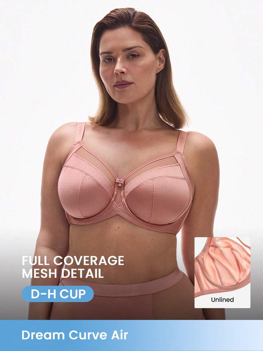 LUVLETTE Plus Curvy Lingerie Earth Tone Unlined Full Coverage Side Support Mesh Sheer Airy Basic Breezy Comfort Minimizer Bra - Redwood - View 1