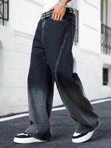 Manfinity EMRG Men's Fashion Casual Luxury Commuter Ombre Washed Design Straight Leg Wide Jeans - Black - View 6