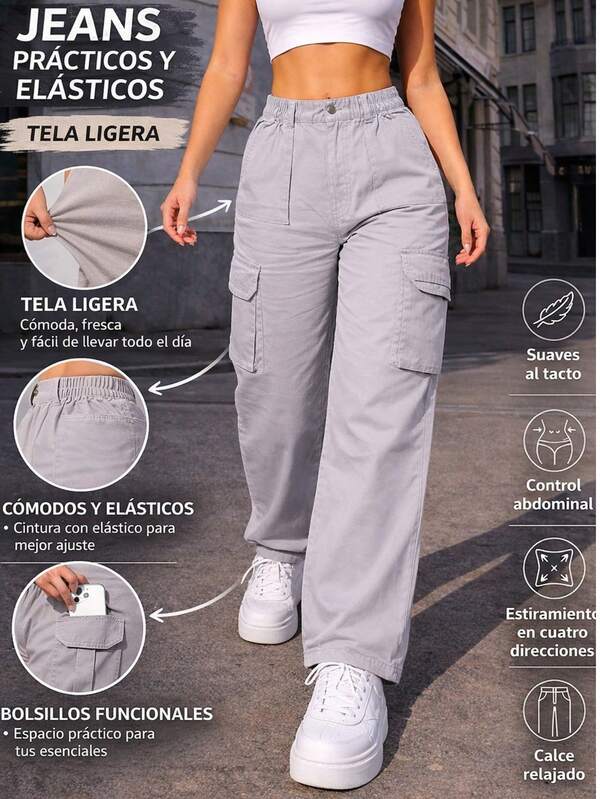 Pantalon cargo mujer tiro alto elastico casual urbano comodo uso diario bolsillos funcionales moda dama relajado temporada primavera verano