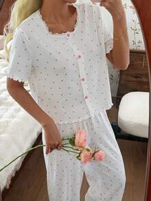 SHEIN 2pcs/Set Pink Heart Contrast Lace Trim Short Sleeve Sleepwear Top And Pants - White - View 4